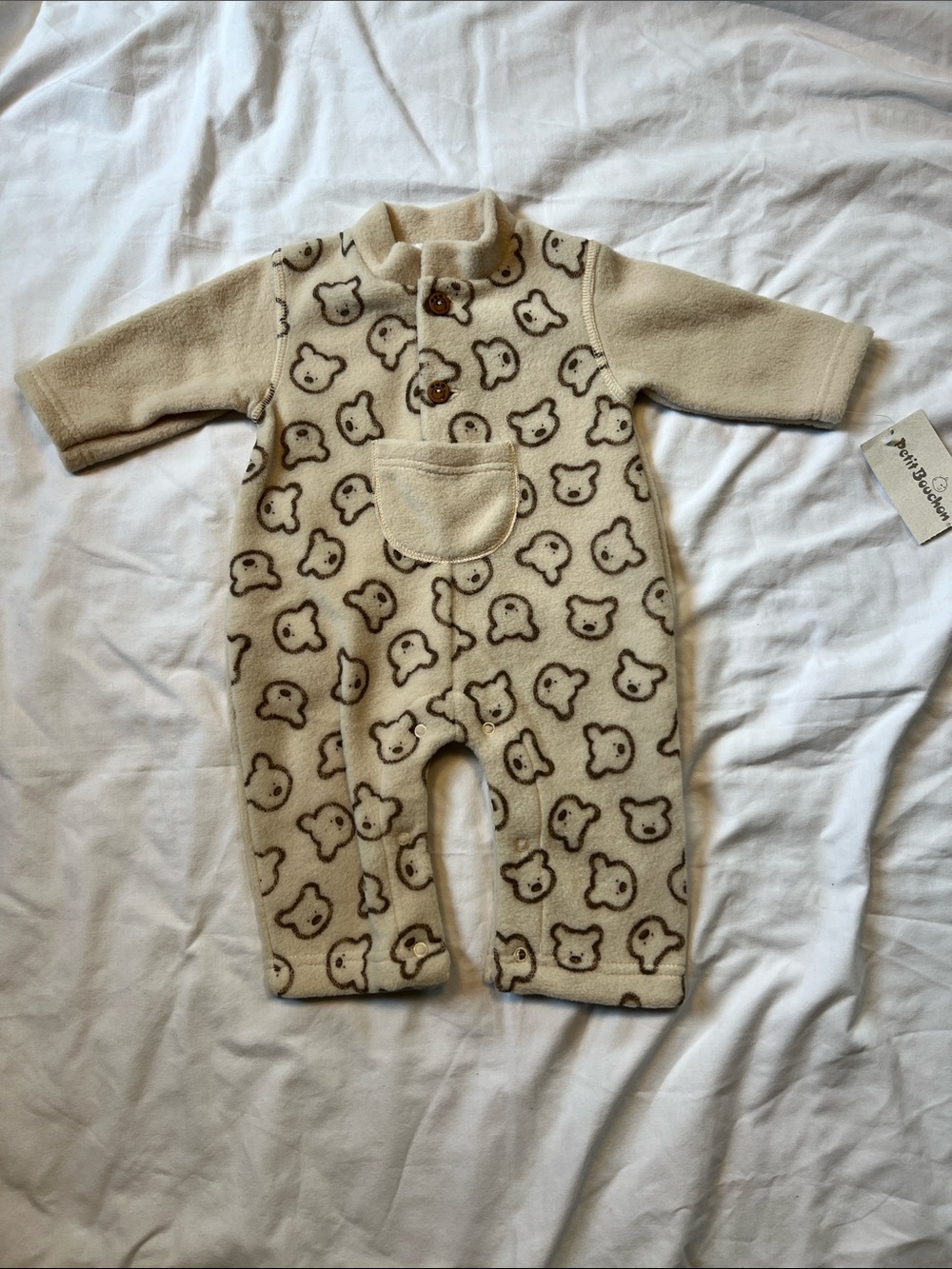 Cream Fleece Bear-Print One-Piece Bodysuit for Kids